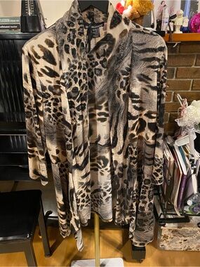 Frank Lyman Design Beige and Black Mixed Animal Print Cardigan